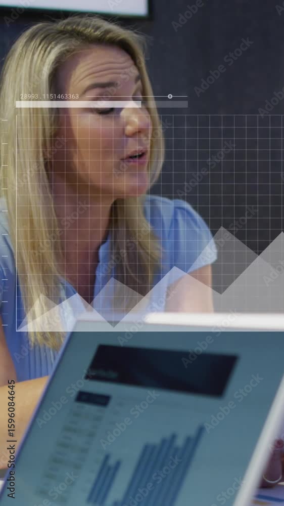 Poster animation of data processing against diverse colleagues discussing over a document at office