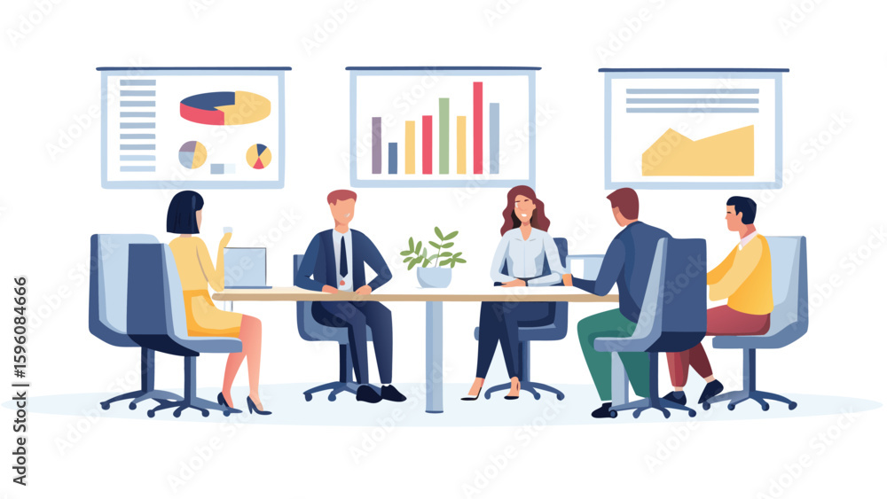 Poster business meeting with presentation charts and graphs with team collaboration and discussion session