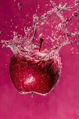 red apple and splash of water on red background
