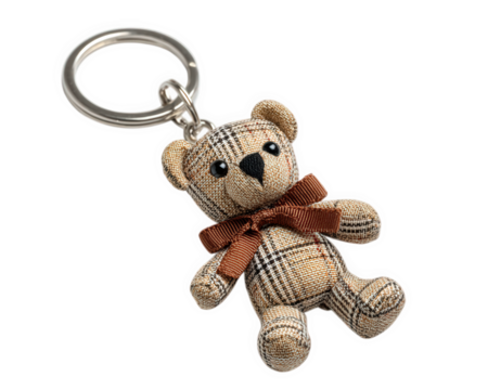 Plaid teddy bear keychain with brown ribbon bow, soft fabric texture, cute plush accessory, isolated on transparency background, perfect for gifts or bag charm