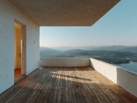 Wooden terrace facing mountain views in golden light with a wide aperture and soft blur, creating a serene lifestyle photograph with an analog texture