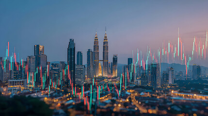 Naklejka premium Kuala Lumpur's skyline twilight overlaid dynamic financial market candlestick charts.