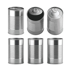Collection of six aluminum beverage cans on a white background