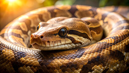 Obraz premium Snake's Close-Up: This image captures a mesmerizing close-up of a snake, the scales glisten and the eye showing intelligence, revealing the intricate beauty of this intriguing reptile.
