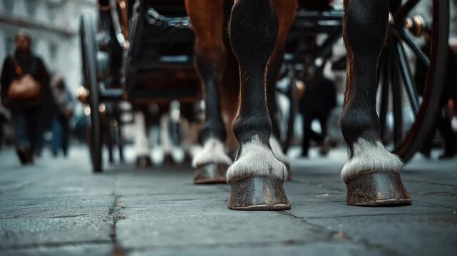Close-up hooves horse carriage, elegance equestrian life. Cobblestone street, charming, historical context. Background, blurred pedestrians, bustling atmosphere of city. Nostalgia. Heritage, transport