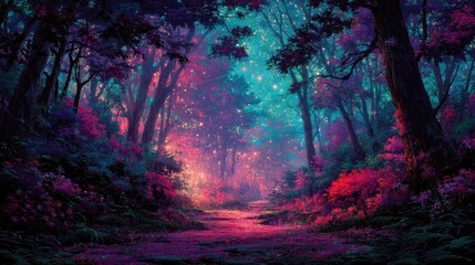 A magical forest path under a starry night sky.