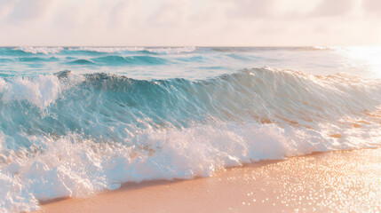A gentle ocean wave washes ashore a tranquil sandy beach, bathed warm glow a setting sun.