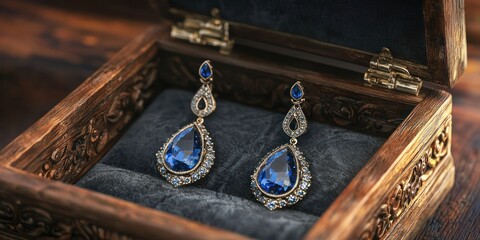 Fototapeta premium 3D render of antique-style jewelry box opening with sapphire drop earrings