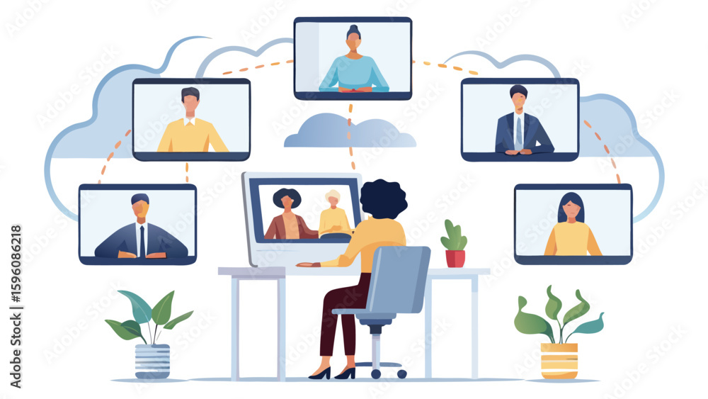 Poster illustration of a video conference call with multiple participants connected via cloud network