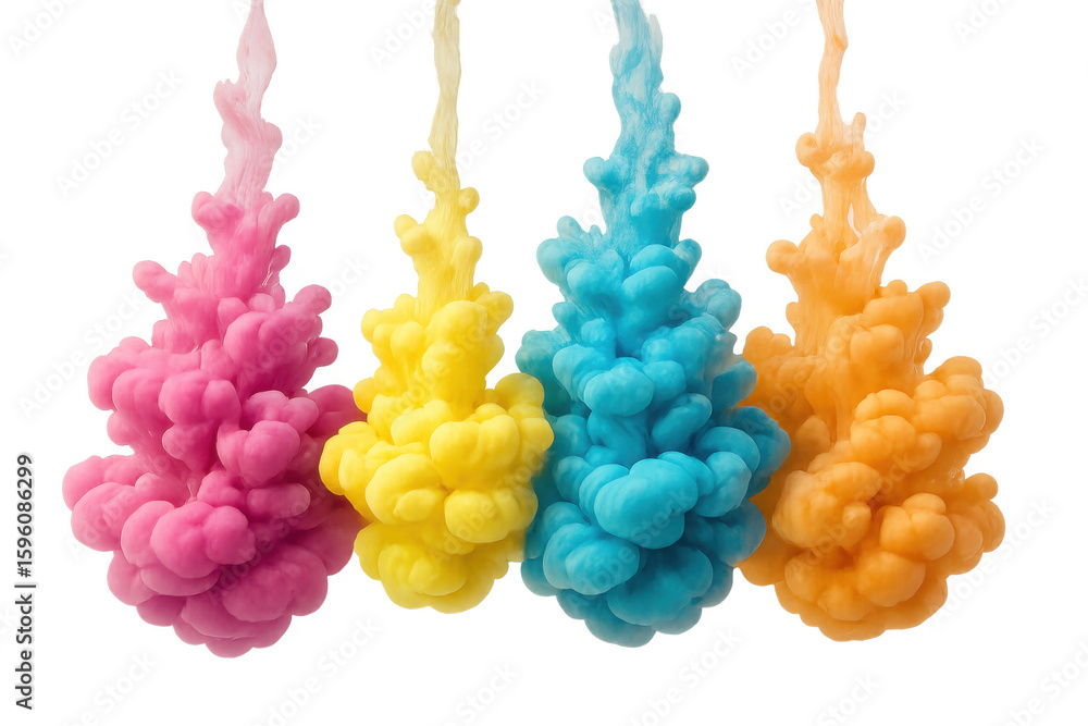 Poster colorful ink clouds swirling, blending dynamically in water with transparent background, creating vi