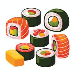 Assortment of delicious japanese sushi rolls and nigiri on a white background