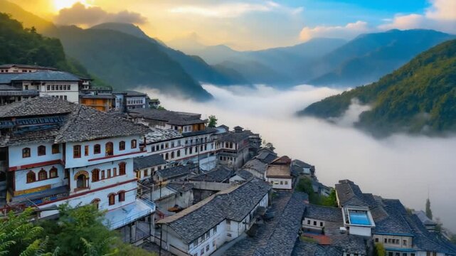 shimla sunrise fog over hillside rooftops and green mountains indian landscape video
