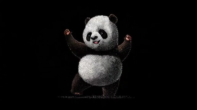 Adorable panda bear joyfully dance with raised arms, happiness. Black and white color, dark background. Cute art illustration, children playful happy design. Cuteness and fun. Funny dancing animal.