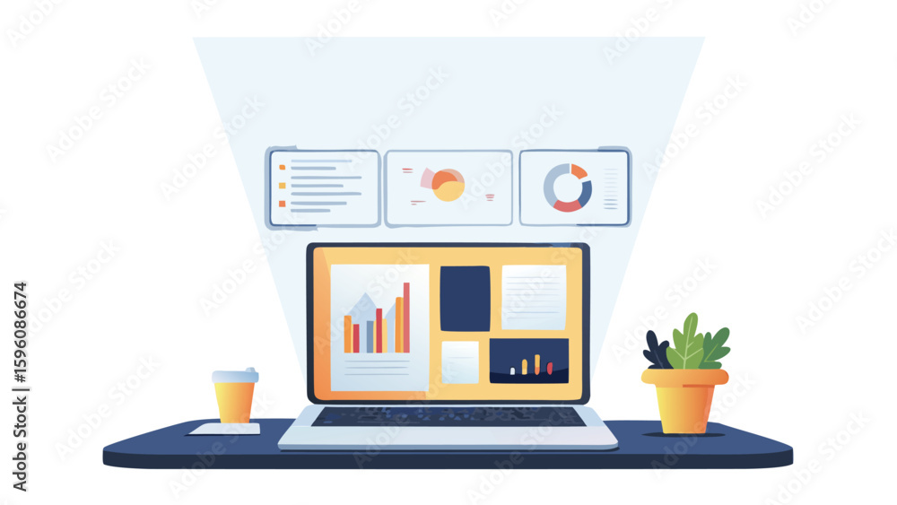 Poster laptop displaying charts and graphs with coffee and plant on a desk in a modern office setting