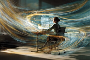 Finance manager navigates dynamic streams of digital data. Finance revolution. Finance teams' ai adoption accelerates: key insights. Finance trends. Ai collaboration.