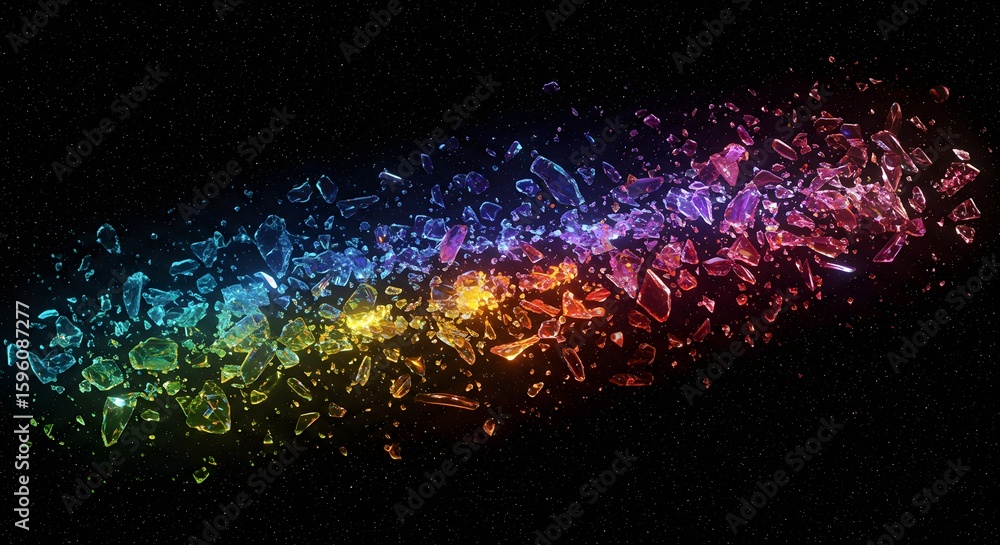Poster abstract rendering of shattered glass fragments illuminated with a vibrant spectrum of rainbow color