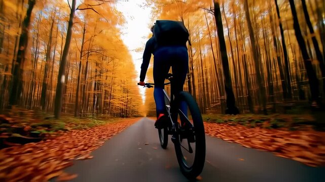 Cyclist riding bike on autumn road with fall forest background.