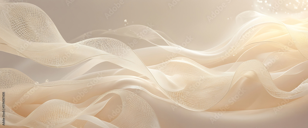 Poster elegant abstract silk background with flowing beige waves and soft golden mesh texture. 3d render. a
