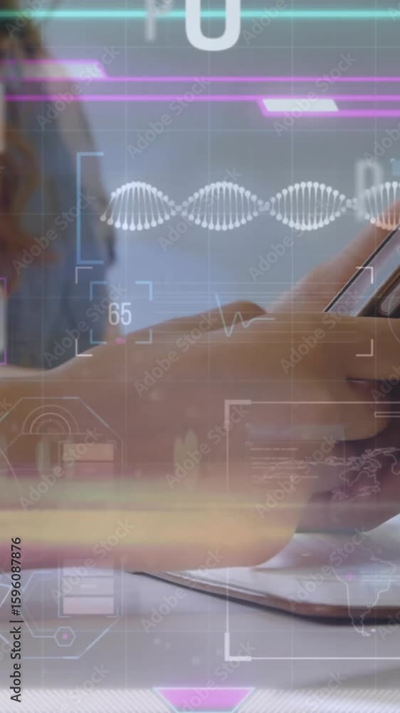 Poster animation of data processing over businessman using smartphone