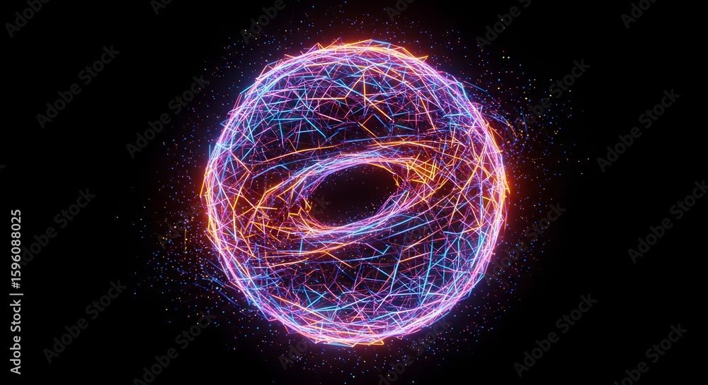 Poster abstract digital rendering of a torus shape with glowing intertwined strands in blue, orange, and pu