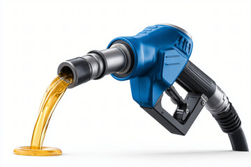 Fuel flowing from a blue and silver gas pump nozzle
