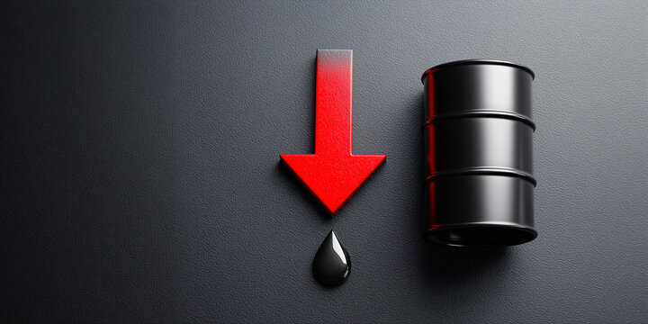 Crude oil price reduction concept with red down arrow and oil barrel