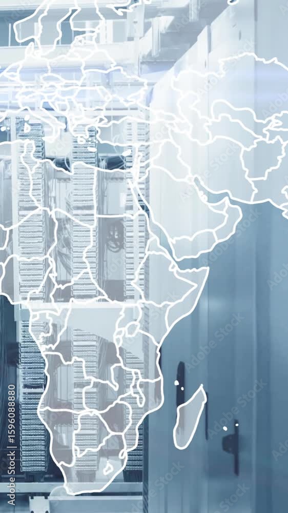 Aufkleber animation of world map and data processing over computer servers