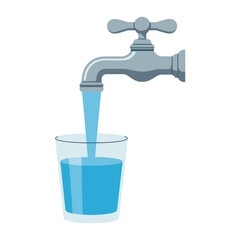 Water pouring from a faucet into a clear glass