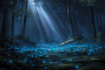 Enchanted forest with glowing blue butterflies at night