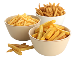 Three bowls filled with french fries of varying thicknesses and colors against a black background