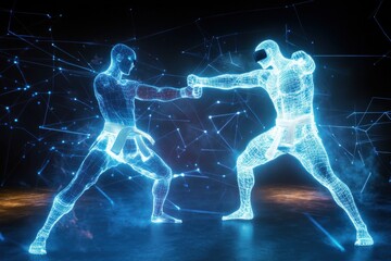 Futuristic holographic fighters engaged in a dynamic martial arts duel