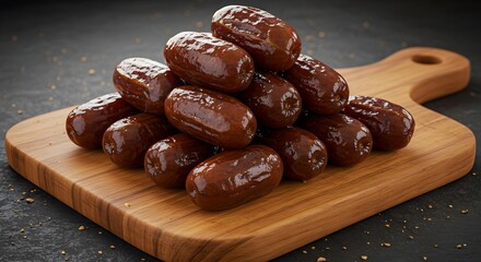 Top view of fresh dates on wooden cutting board. Dried sweet fruit, vegan healthy snack. Traditional Arabian cuisine ingredient, dietary food rich in vitamins and minerals.