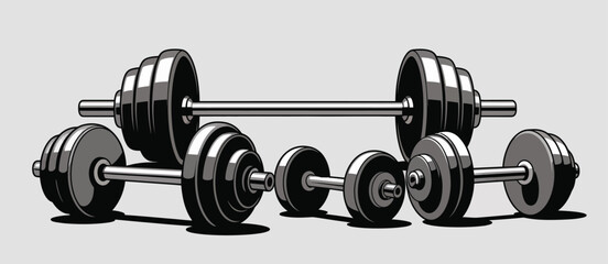 Collection of dumbbells and barbell weights for weightlifting and fitness