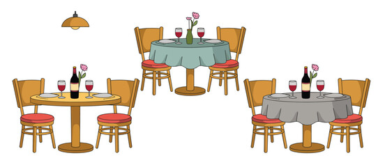 Cozy restaurant dining tables set for a romantic evening