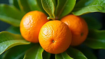 4K Closeup of Three Ripe Oranges Among Lush Green Leaves with Intricate Texture and Natural Light