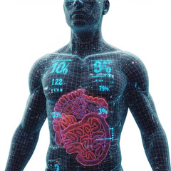 Cyberpunk Torso: Neon Cellular Grid with Holographic Water Data Visualization.