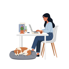 A woman works on a laptop at a desk while her dog sleeps peacefully in its bed nearby in a bright, minimalist setting.
