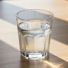 Refreshing Still Water in Glass Tumbler with Condensation on Wooden Tabletop.