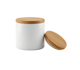 Minimalist white ceramic jar with wooden lid on circular pedestal. Ideal for scented candles, modern storage, elegant home decor, or product mockups in lifestyle branding scenes.

