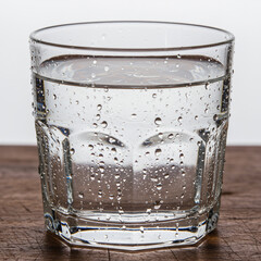 Crystal Clear Water Glass: Macro Shot with Sunlight Reflection on Wood.