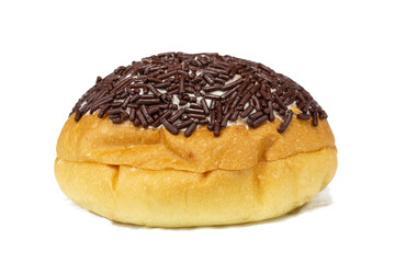 A delicious, golden-brown chocolate bread bun, generously topped with an abundance of dark chocolate sprinkles and a sweet white icing base.