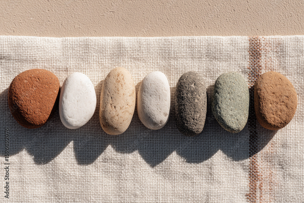 Poster smooth stone minimal composition soft shadow natural texture neutral color sunlight fabric backgroun