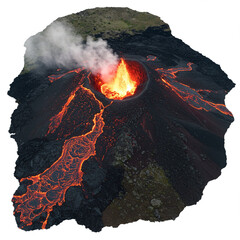 Volcanic Landscape: Lava Fountain, Basalt Formations, and Geothermal Vents in 8k.