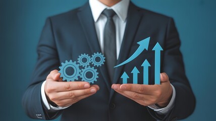 Process improvement and productivity growth concept. A businessman holds gears and upward arrows, symbolizing process optimization, productivity growth, efficient processes, and business efficiency.