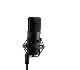 Professional studio microphones on stands, perfect for music production, podcasting, voice recording, and broadcasting. Isolated on white or transparent background for clean use.

