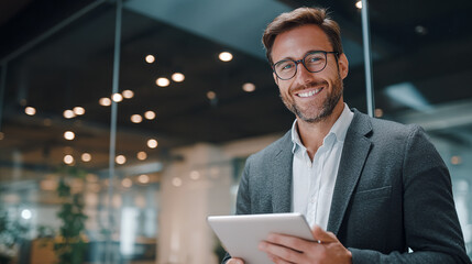 Confident businessman using tablet in modern office, professional setting.