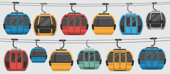 Colorful ski lift gondolas hanging on cables in a row
