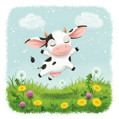 Dreaming Calf: Whimsical Illustration of a Sleeping Calf Floating Above a Meadow.