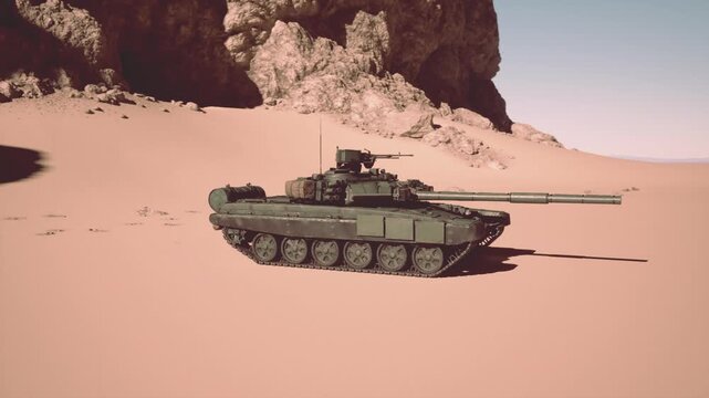 A military tank stands amidst desert sands, with rugged mountains towering in the background.