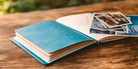 Open photo album with printed memories on wooden table
